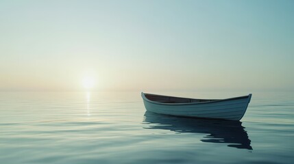 Naklejka premium Serene Dawn on Calm Waters with a Lone Boat at Sunrise