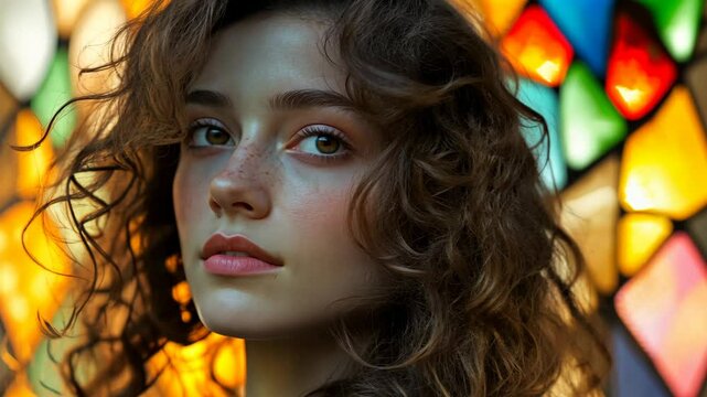 A beautiful woman with curly hair, illuminated by the warm rays of the setting sun shining through stained glass windows. The image has a soft, dreamy quality with a bokeh effect,
