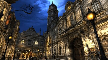 Naklejka premium Ancient City Alleyway Night Scene Illuminated Buildings