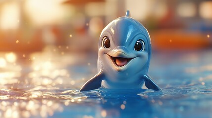 Small blue dolphin with a big smile on pool