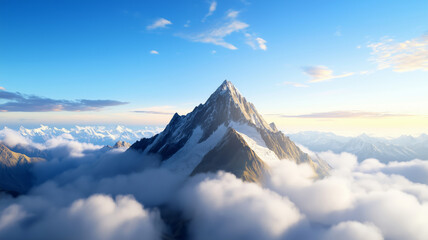 Obraz premium A breathtaking view of a towering mountain summit surrounded by soft clouds, under a clear blue sky at sunrise.