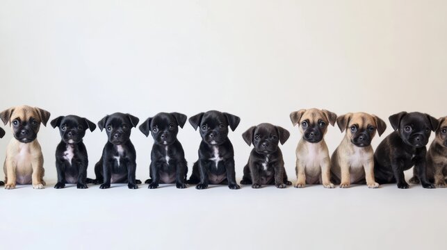 A lineup of adorable puppies sitting in a row against a plain background, showcasing their unique colors and expressions