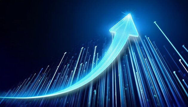 A glowing upward arrow made of light particles, surrounded by vertical lines with glowing tips