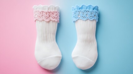 Socks in snowy white with lace trim on pink and blue background