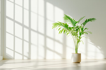 Indoor plant in a minimalistic setting with soft window shadows on the wall.