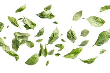  A bunch of green leaves are scattered in the air, isolated on white background