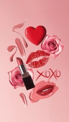 Lipstick and a rose are on a pink background