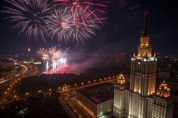 Fireworks Exploding Over Dark Cityscape at Night - Architectural Photography