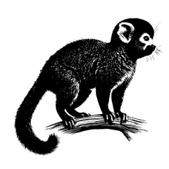 black and white squirrel, squirrel on a branch, silhouette of a Squirrel monkey, illustration of a Saimiri