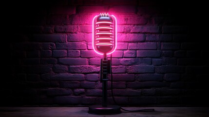 Neon Retro Microphone: A vibrant pink neon microphone glows against a dark brick wall, creating a striking visual contrast and evocative of vintage recording studios and modern podcasting.  
