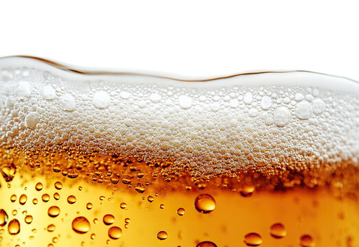 Close-up of golden beer with foam and bubbles, isolated on transparent cutout background
