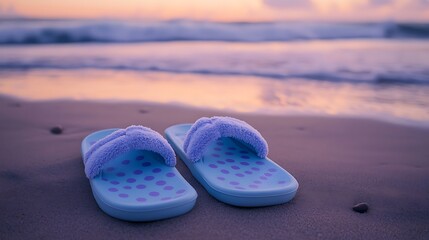 Fototapeta premium Soft blue slippers with cozy polka purple dots design on beach background