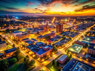 Fototapeta premium Flint Michigan Cityscape at Night with Bokeh Lights - Aerial View