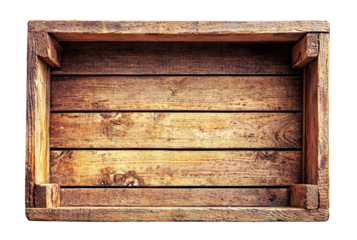 Empty rustic wooden crate with natural texture, isolated on transparent cutout background
