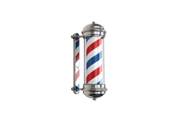 A chrome-framed barber pole showcasing vibrant red, white, and blue stripes, symbolizing barbershop culture with its timeless rotating spiral design. Isolated on a transparent background