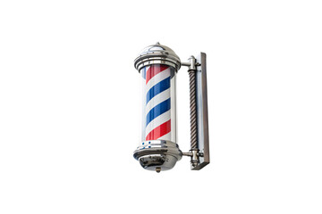 A classic barber pole with red, white, and blue spirals mounted on a metallic fixture, evoking vintage charm and traditional grooming services. Isolated on a transparent background