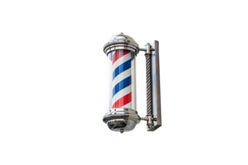 A classic barber pole with red, white, and blue spirals mounted on a metallic fixture, evoking vintage charm and traditional grooming services. Isolated on a transparent background