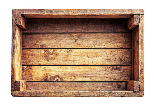 Empty rustic wooden crate with natural texture, isolated on transparent cutout background

