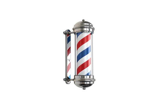 A chrome-framed barber pole showcasing vibrant red, white, and blue stripes, symbolizing barbershop culture with its timeless rotating spiral design. Isolated on a transparent background