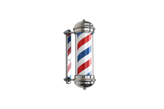 A chrome-framed barber pole showcasing vibrant red, white, and blue stripes, symbolizing barbershop culture with its timeless rotating spiral design. Isolated on a transparent background
