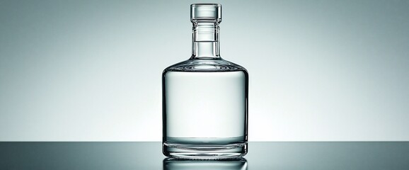 Clear glass bottle on reflective surface.