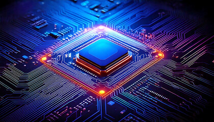 Stunning close-up of a computer processor on a circuit board, illuminated with vibrant blue and orange hues.  Perfect for tech, engineering, and AI concepts.