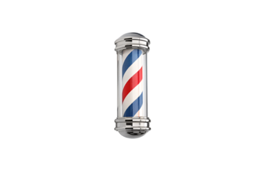 A minimal barber pole featuring sleek metallic accents and the iconic red, white, and blue pattern in a compact, cylindrical form. Isolated on a transparent background