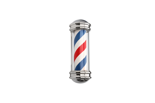 A minimal barber pole featuring sleek metallic accents and the iconic red, white, and blue pattern in a compact, cylindrical form. Isolated on a transparent background