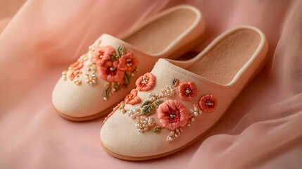 Fototapeta premium Soft slippers with floral embroidery and beads on peach background