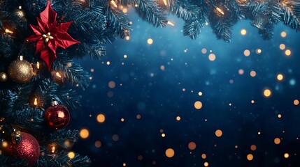Festive Christmas Background with Bokeh Lights and Decorations