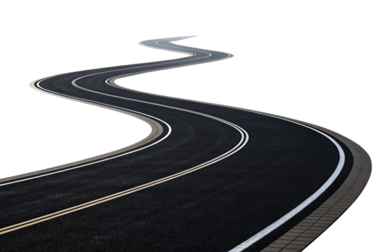 A serpentine roadway with crisp white lines and yellow detailing, framed by reflective barriers, creating an elegant path into the distance. Isolated on a transparent background