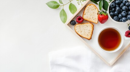 Plate of assorted fruit sliced bread and a cup of tea on a wooden table for breakfast or snack time