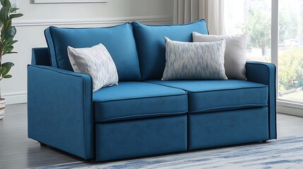 Fototapeta premium Space saving pull out sleeper sofa in blue on room background