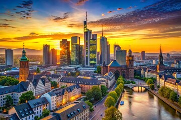 Fototapeta premium Frankfurt Skyline Sunrise - German Cityscape at Dawn Stock Photo