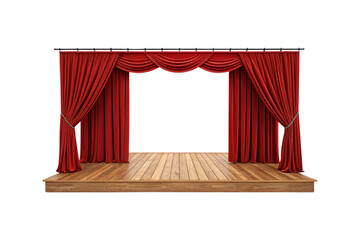 Compact stage featuring bright red drapes, smooth wooden flooring, and a modern frame for contemporary and classic performances alike. Isolated on a transparent background
