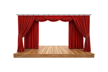 Compact stage featuring bright red drapes, smooth wooden flooring, and a modern frame for contemporary and classic performances alike. Isolated on a transparent background