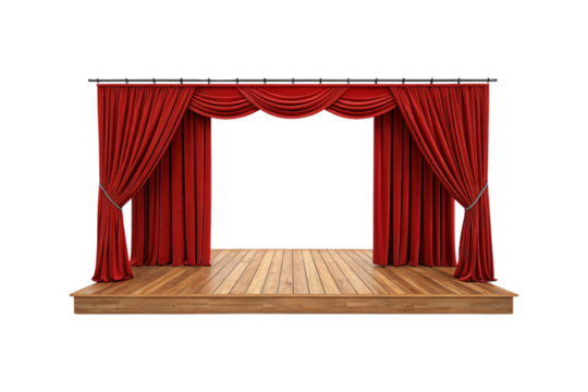 Compact stage featuring bright red drapes, smooth wooden flooring, and a modern frame for contemporary and classic performances alike. Isolated on a transparent background