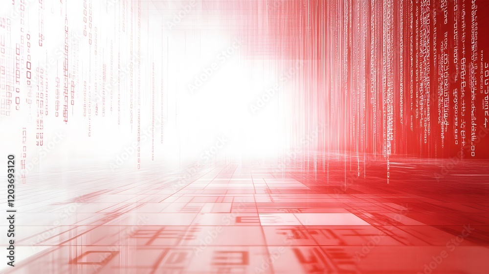 Wall mural binary code background, white and red color matrix, with lines creating a technological atmosphere