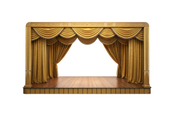 Luxurious golden-framed stage adorned with shimmering gold curtains and a sleek wooden floor, evoking a regal theatrical setting. Isolated on a transparent background