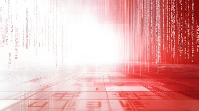 Binary code background, white and red color matrix, with lines creating a technological atmosphere