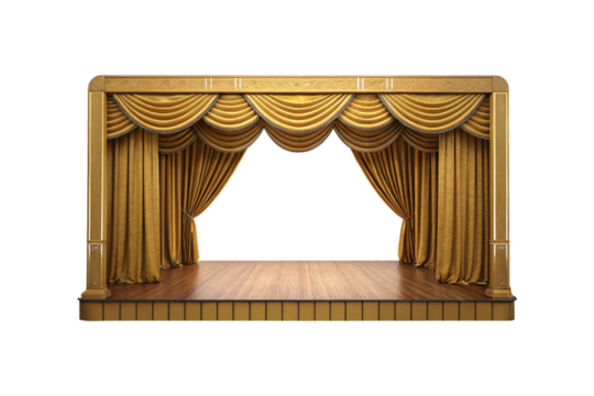 Luxurious golden-framed stage adorned with shimmering gold curtains and a sleek wooden floor, evoking a regal theatrical setting. Isolated on a transparent background