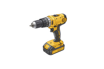 Yellow and black cordless power drill with a sturdy grip, silver chuck, and ergonomic design, emphasizing practicality and modern engineering. Isolated on a transparent background