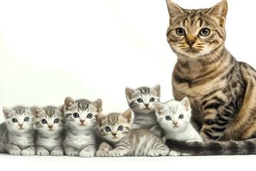 family of Scottish Fold cats with mother and her playful kittens white background, showcasing their adorable features and