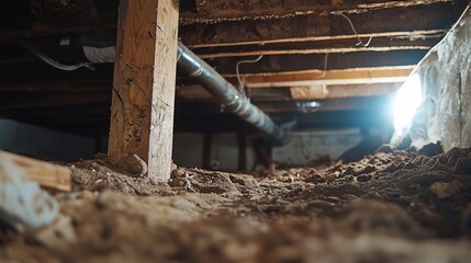 Crawl space with exposed soil and wooden beams, highlighting need for repair and mold remediation.