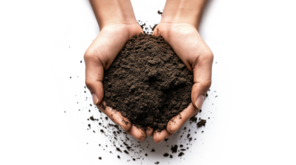 Top view of soil in hands for check the quality of the soil for control soil quality before seed plan isolated on a white background