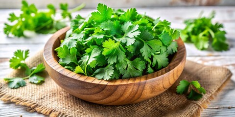 Fresh Coriander Leaves in Wooden Bowl - Overhead View, Organic Herbs, Culinary Photography