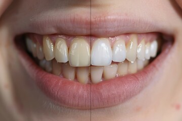 Fototapeta premium Teeth before and after whitening. Dental care concept. Neural network ai generated art