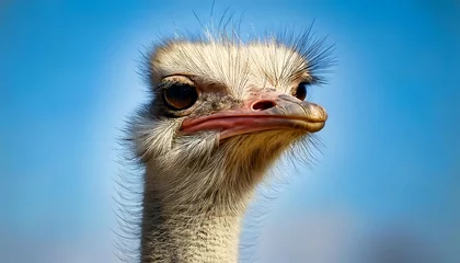 Selbstklebende Fototapeten Close-up portrait of an ostrich against a vibrant blue sky. © SolaruS