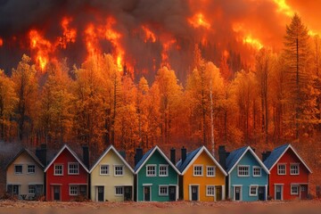Vibrant autumn trees and colorful houses stand in stark contrast to an intense forest fire burning in the background.