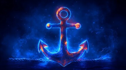 Naklejka premium Fiery Anchor: A weathered anchor stands strong amidst a swirling blue and orange glow, symbolizing resilience, hope, and the enduring power of the sea.
